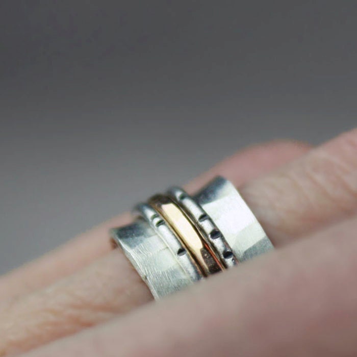 Gold and Silver Spinner Ring with Textured Bands