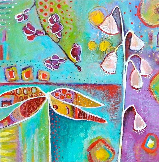 ORIGINAL abstract dragonfly & flower mixed media painting