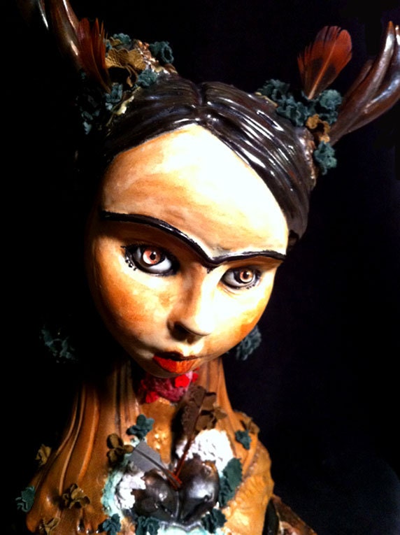 ADULT...DeAr FriDa DeeR...ooak LARGE Frida Kahlo 2 piece "naughty no knickers"  ceramic reliquary  art doll altar piece