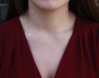 Tiny Sideways Cross Necklace - SALE . Choker . Sterling Silver Off Center Cross . Womens Jewelry . Gifts for Her