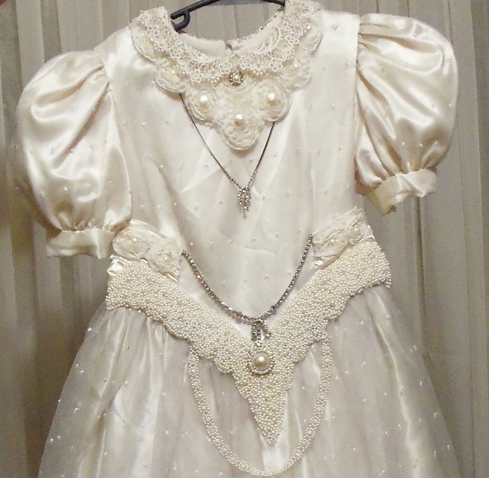 White Flower Girl Dress, CUSTOM MADE Pearl n Rhinestone Princess Gown, First Communion Dress, Custom Couture Vintage Dress by Marelle