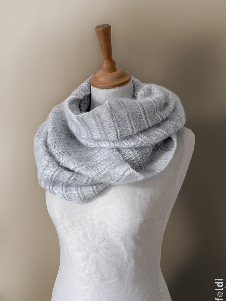 Knitted silk and mohair cowl, snood in light blue colour 'Smoke Icicle'