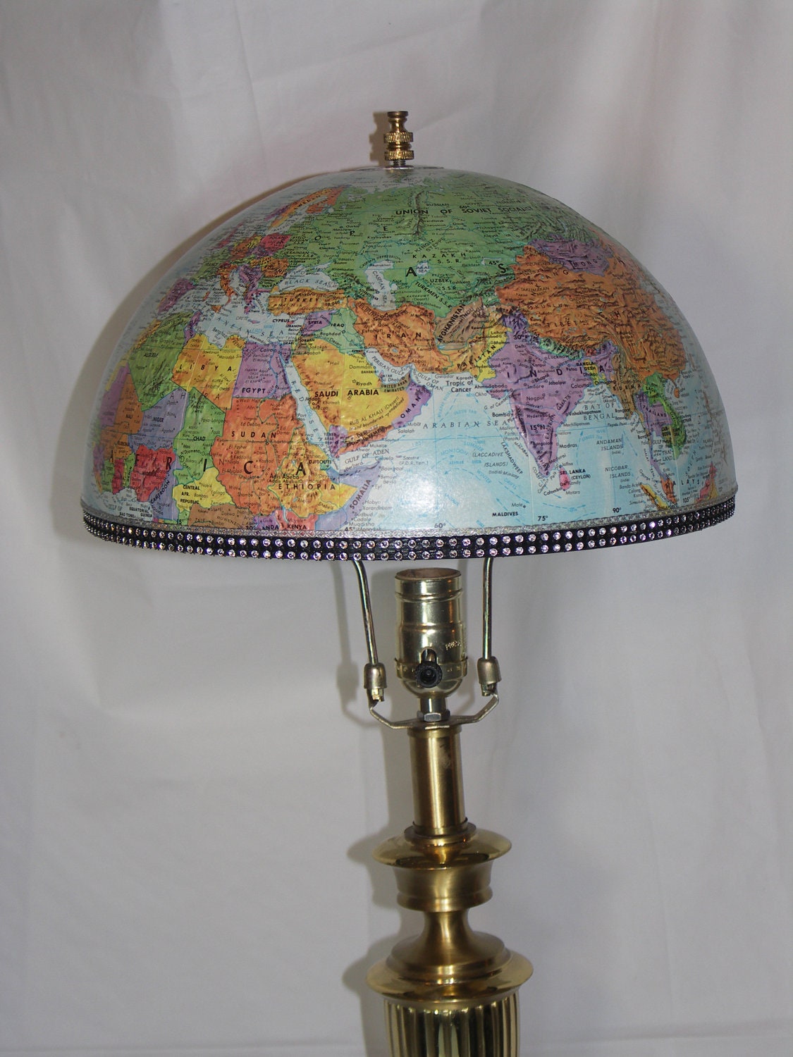 Vintage Blue World Globe Lampshade with Black & Rhinestone-esque Trim.  For Living Room, Library, Child or Student room, Travel theme