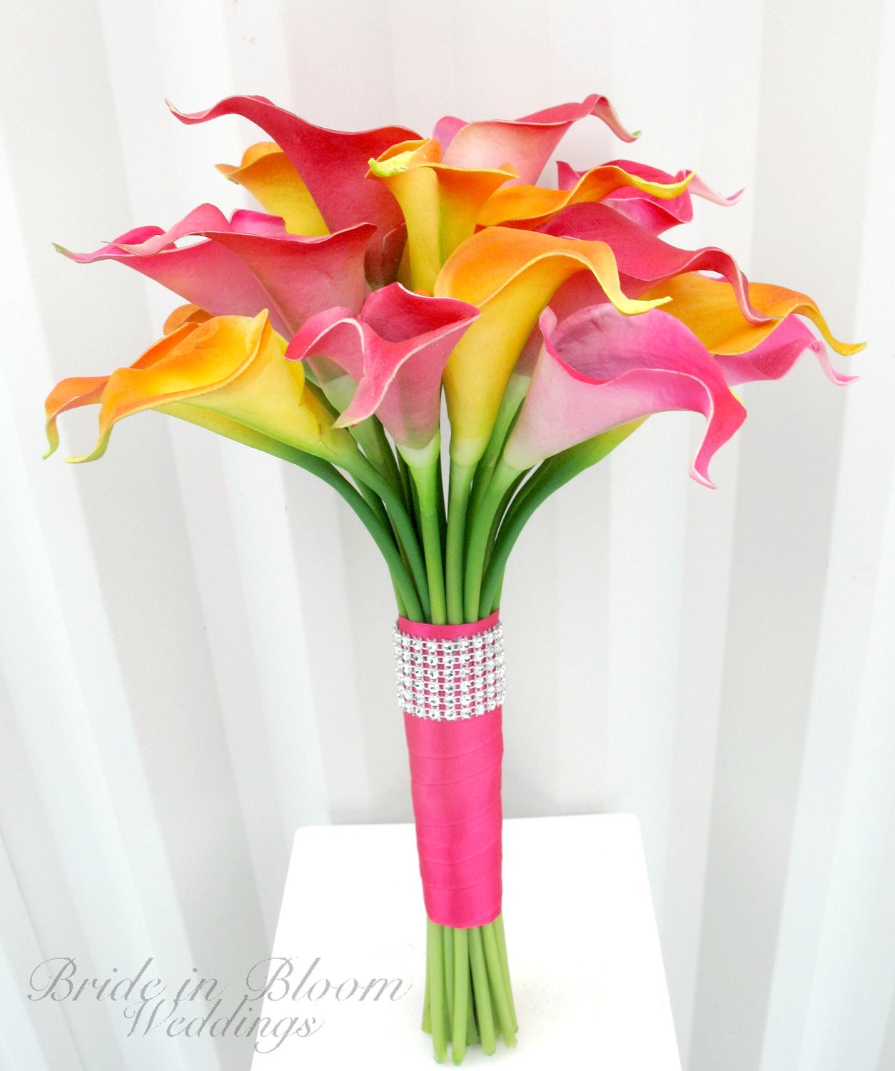 Tropical Wedding bouquet Bridal bouquet Real touch calla lily hot pink orange