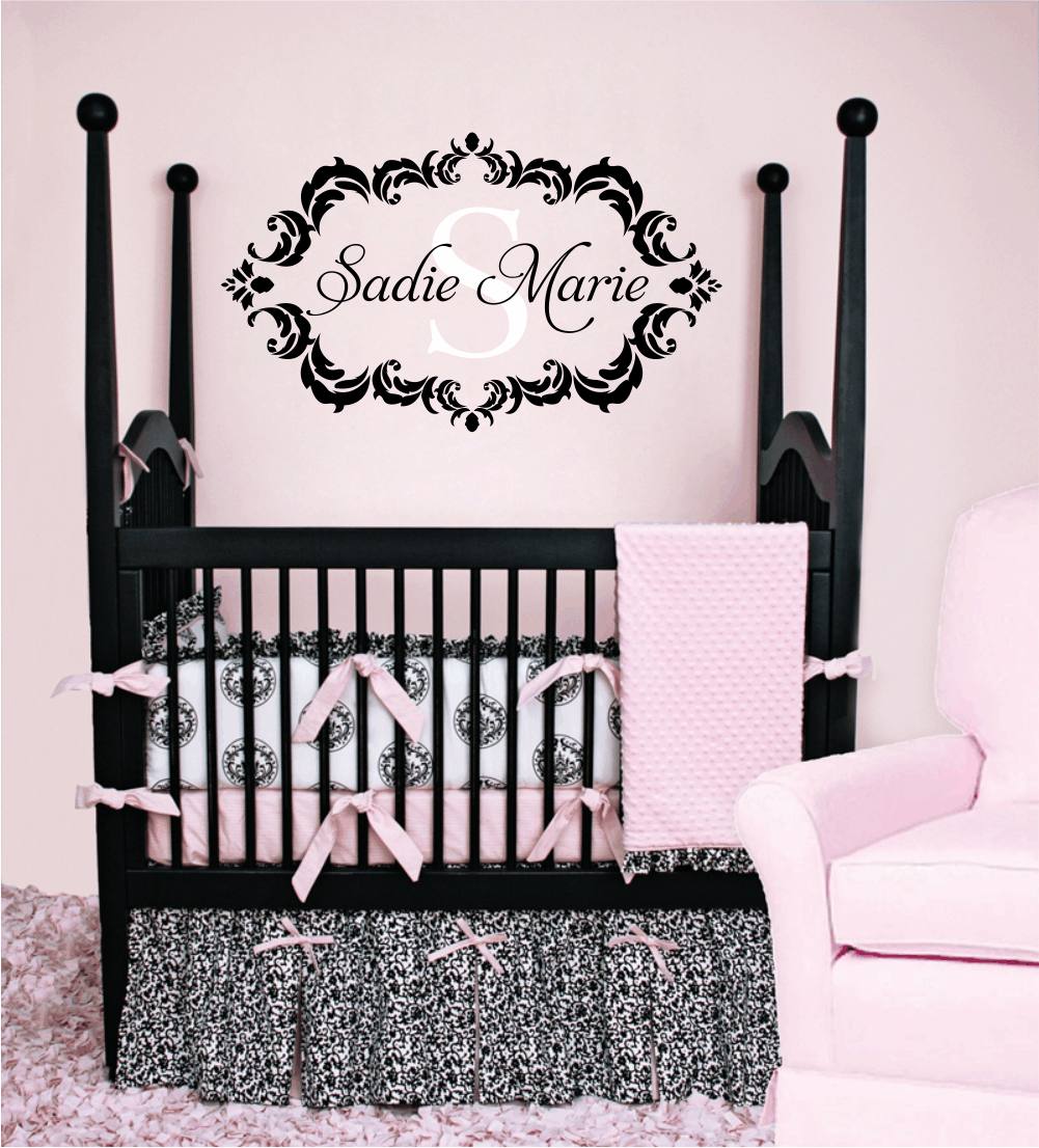 Name and Initial Vinyl Wall Decal Shabby Chic Damask Border Personalized Monogram Wall Decal Girl Baby Nursery Room Wall Art 22Hx36W FS236
