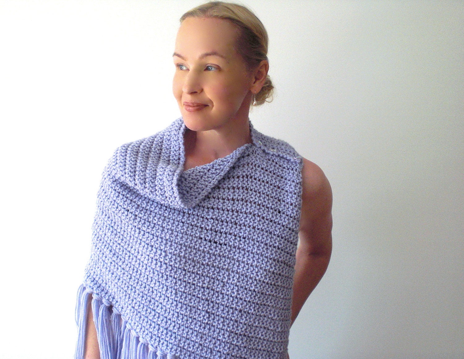 Hand knit shawl / lilac / soft lavender / pastel / rustic chic / cottage fancy / asymmetrical / shoulder wrap / capelet / bling buttons