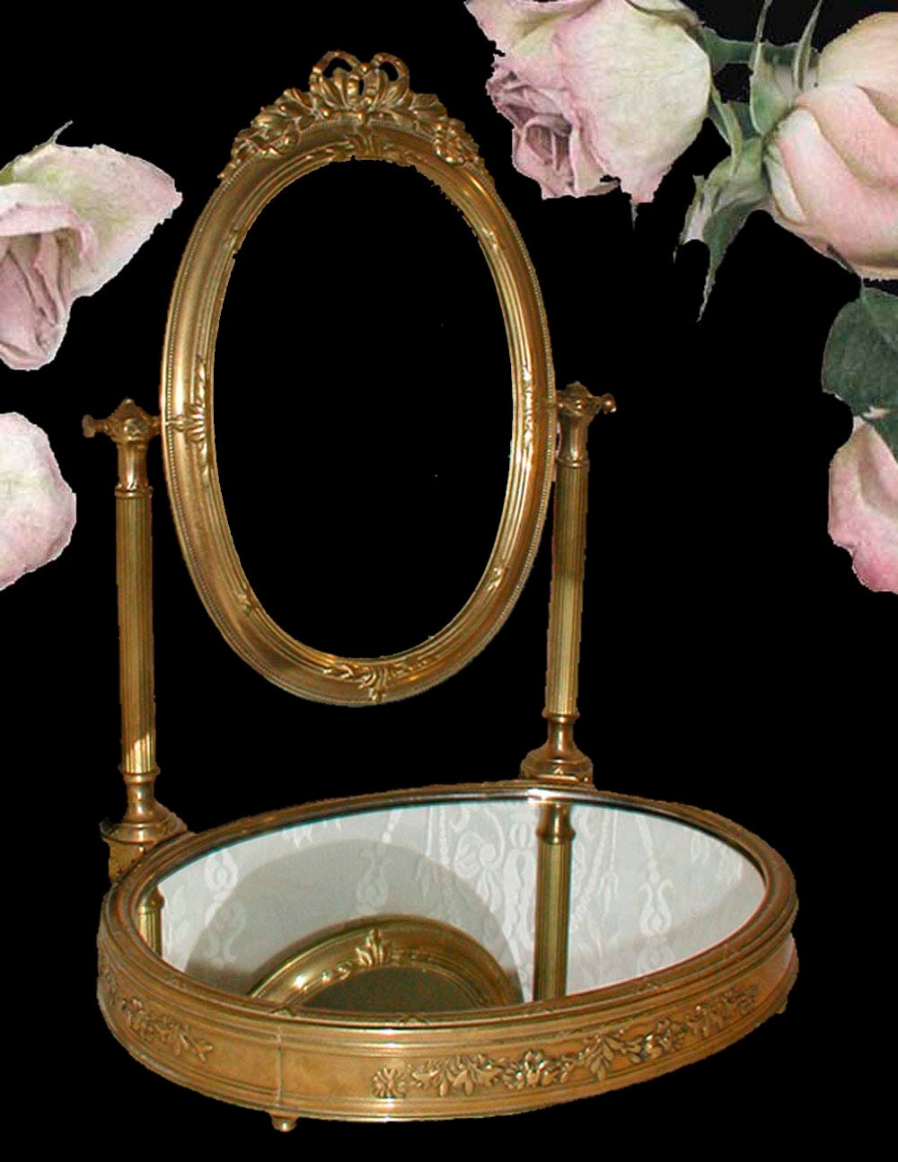 French Style Vanity/Perfume Mirrored Tray in Solid Brass With Swivelling Back Mirror
