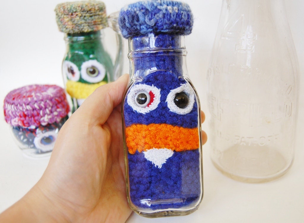 Blue Monster Under Glass OOAK Decoration Crocheted Upcycled Monster Collectible