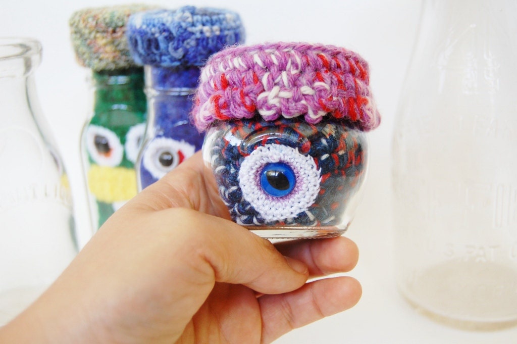 Tiny Monster Under Glass OOAK Crocheted Upcycled Monster Collectible