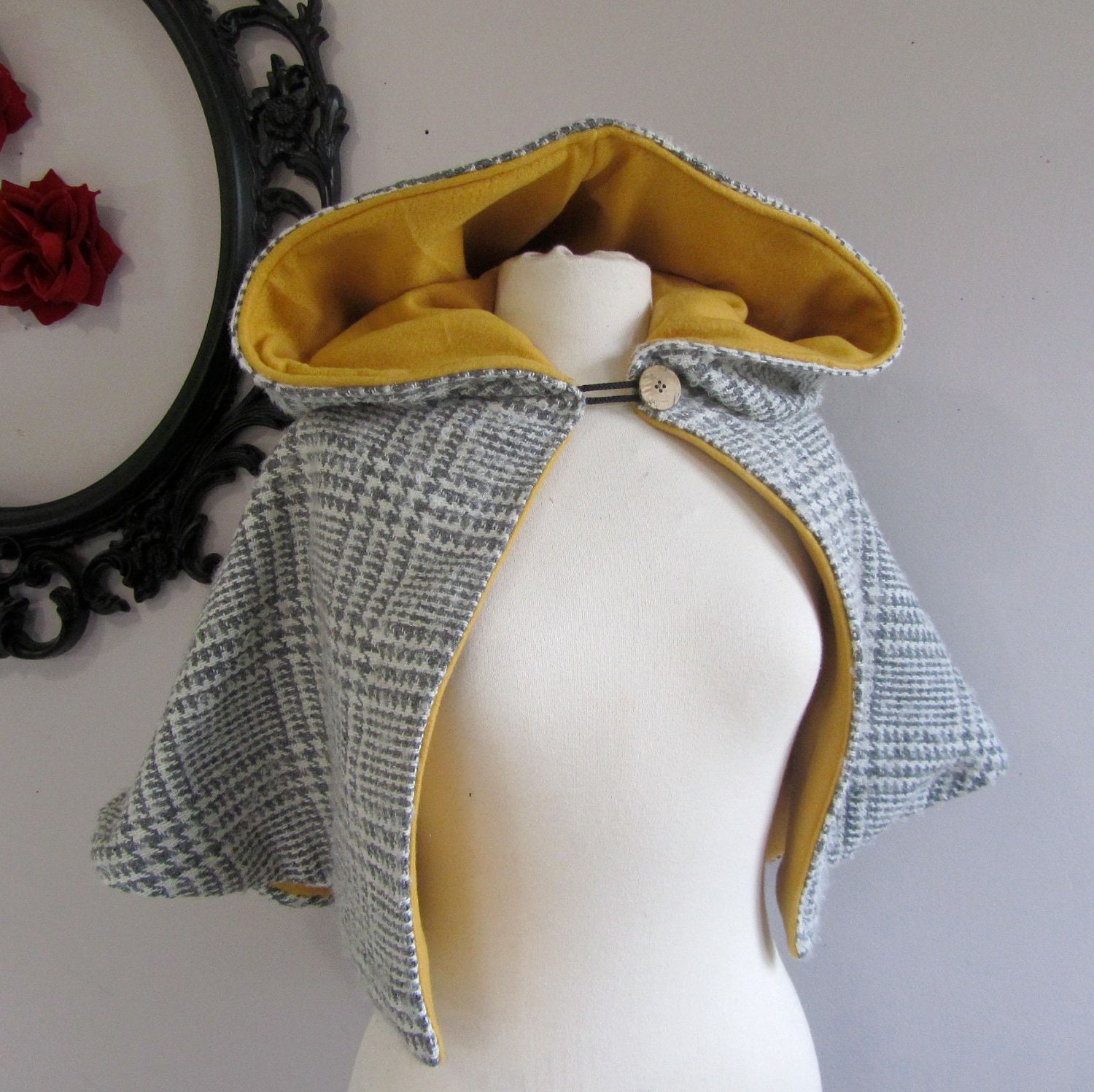 Hooded Capelet grey plaid reversible short cape