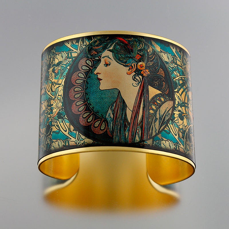 Photo Cuff, Brass Cuff, Wide Cuff Bracelet, Altered Art Jewelry, Photo Jewelry - Alfonse Mucha's LAUREL- Sealed in Resin - FREE SHIPPING