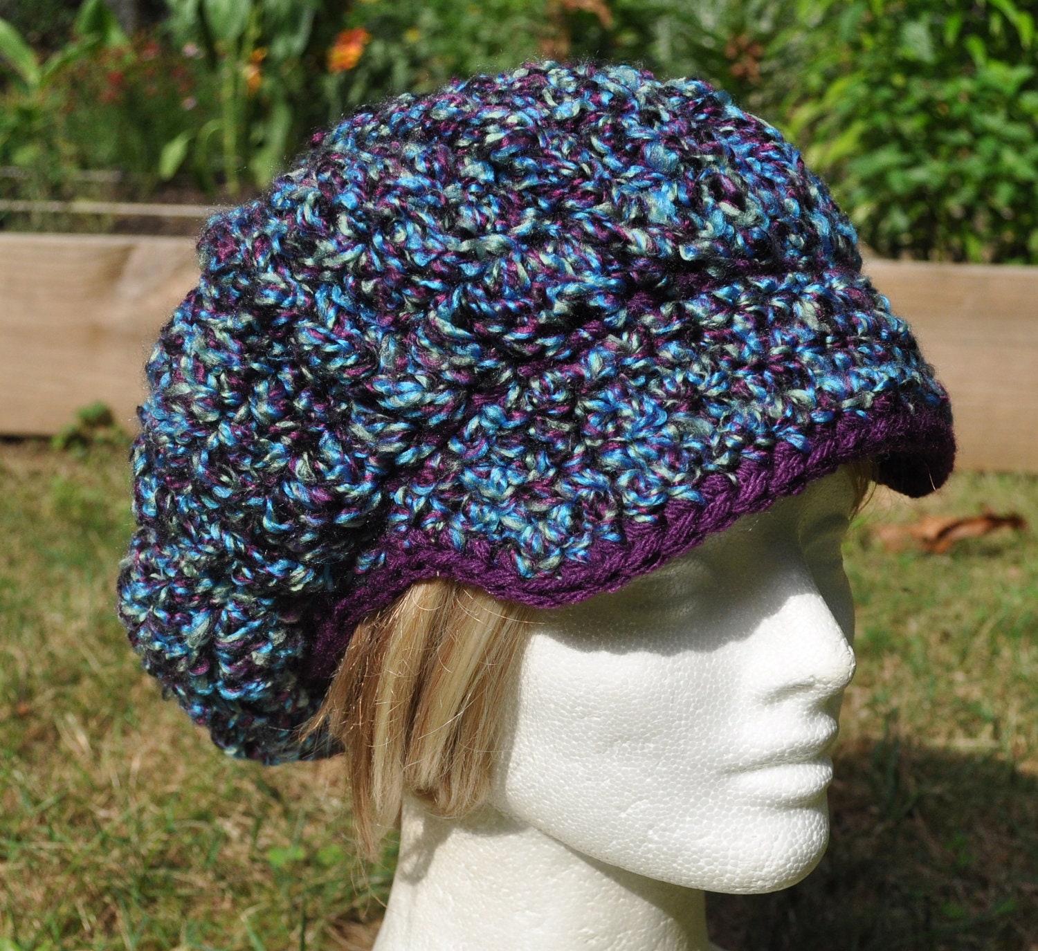 Multi-Colored Newsboy Hat in Blue, Green and Purple with Trim - Crocheted Hat for Winter