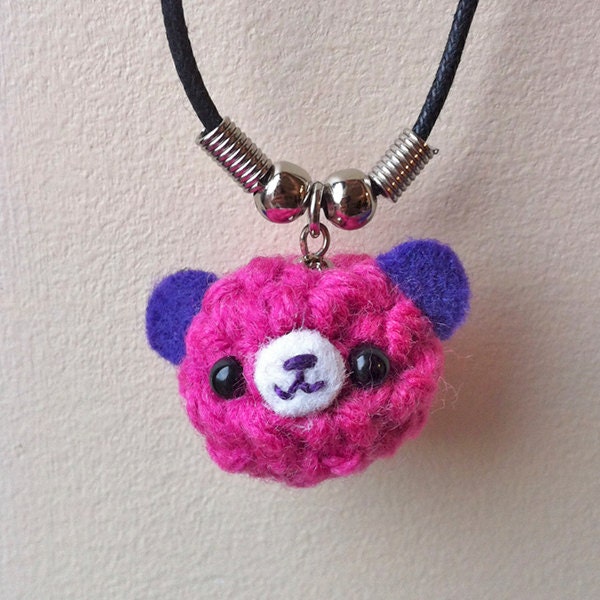 Amigurumi Kingdom Crocheted Bear Necklace Fuchsia & Purple