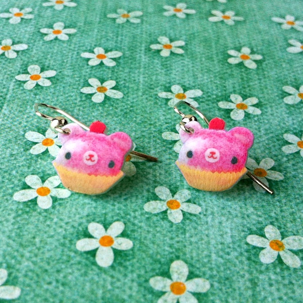 Amigurumi Kingdom Pink Swirl Cupcake Bear with a cherry on top Dangle Earrings