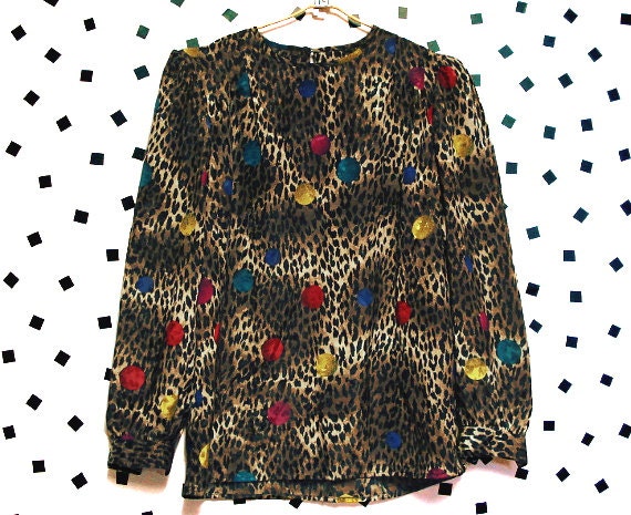 Leopard and Polka Dots Puff Sleeve Blouse- 1980s- Large