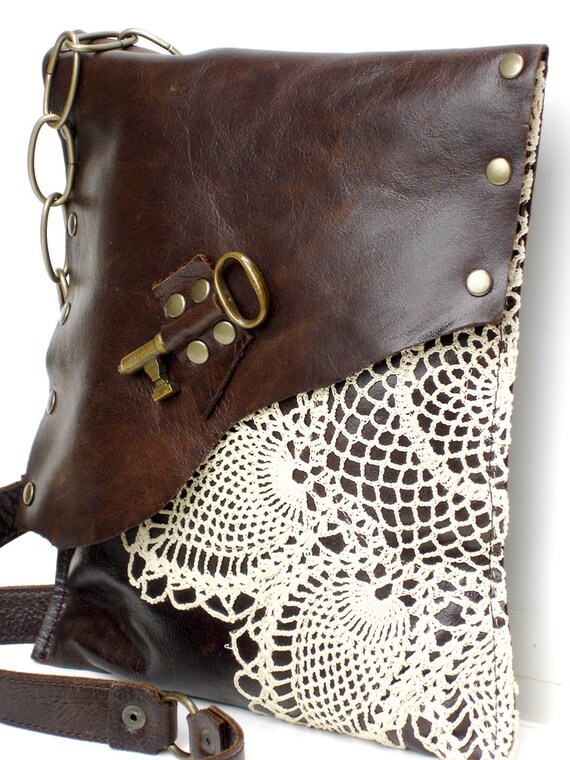 Brown Leather Boho Messenger Bag with Crochet by UrbanHeirlooms