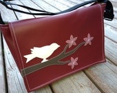 Cherry Blossoms and Bird Burgundy Vinyl Messenger Bag