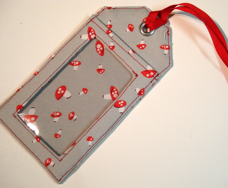 Fabric Luggage Tag Mushrooms on Grey