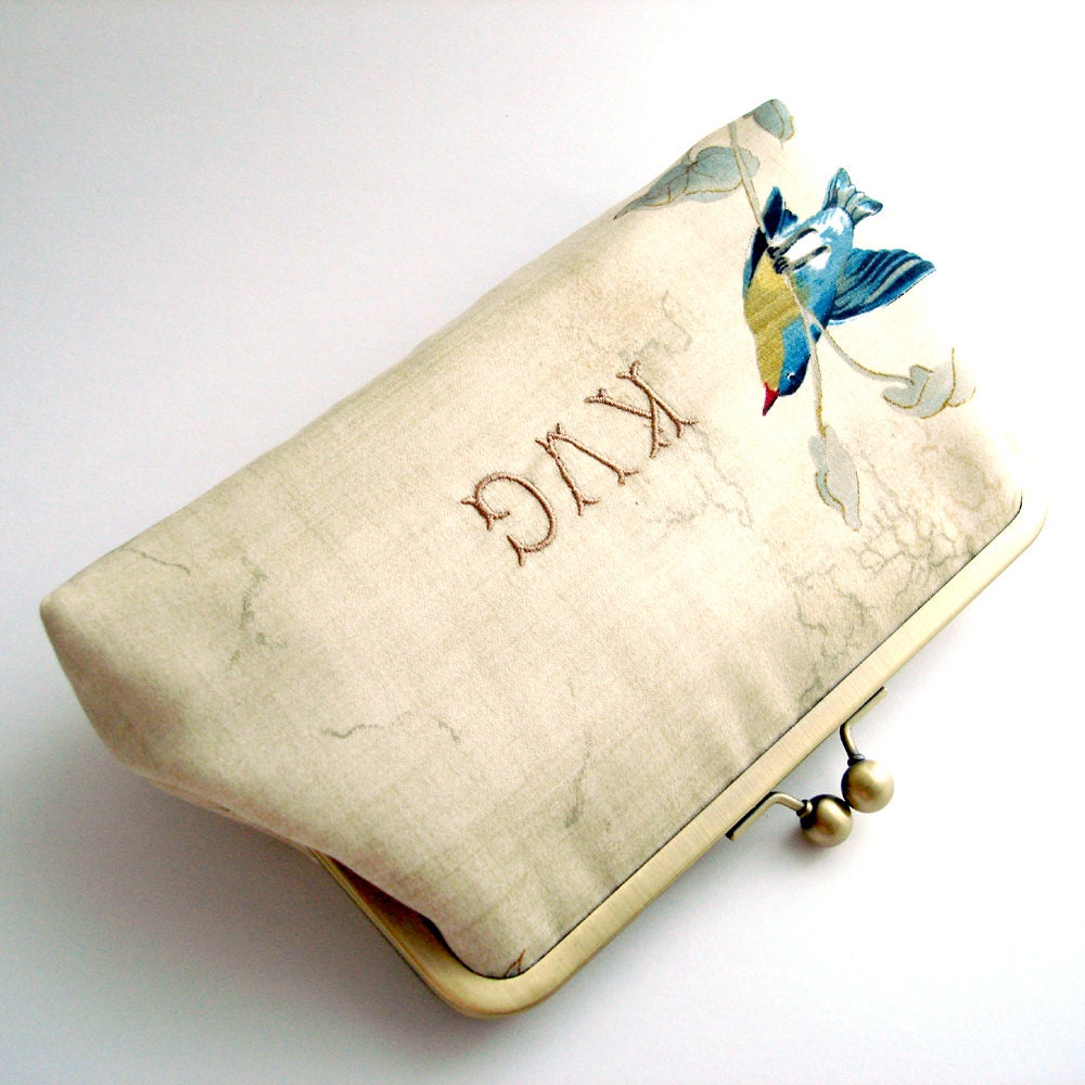 Monogrammed Wedding Clutch Kisslock Frame Silk Lined Bird Bridesmaid Bride Gifts Preppy Bridal