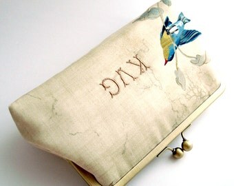 Monogrammed Wedding Clutch Kisslock Frame Silk Lined Bird Bridesmaid Bride Gifts Preppy Bridal