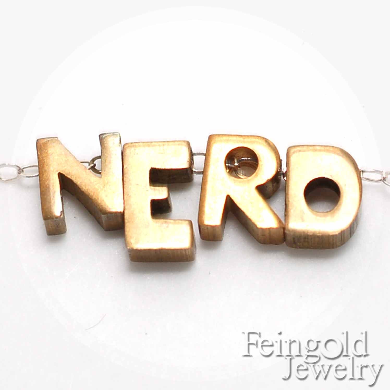 NERD -Word Necklace - Letters - Tiny Vintage Brass Pendant on Sterling Silver Chain - Free US Shipping