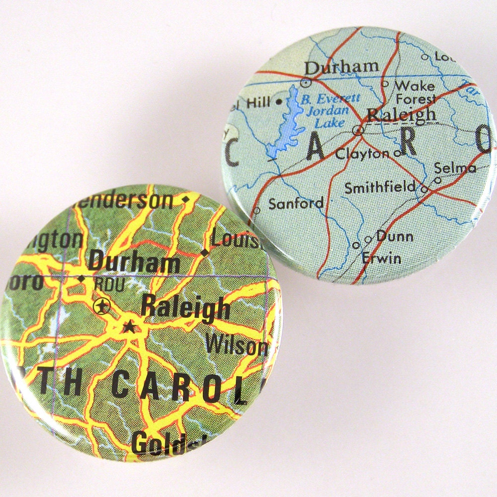 Raleigh / Durham Map Pinback Buttons