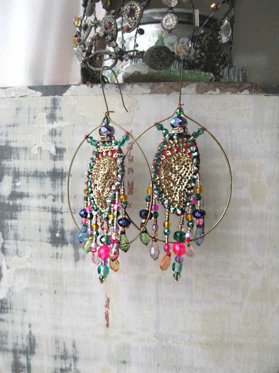 ON SALE - L'Artiste Earrings, Vintage Paisley Sequin Embroidery, Gold, Red, Blue, Green, Pink, Hoops, Bohemian Gypsy
