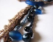 Bead crochet necklace, long lariat necklace, crochet jewelry, Coast, ocean blue, brown, warm sand cotton, handmade in Cornwall UK