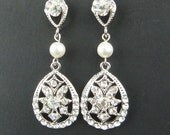 Vintage Style Rhinestone Bridal Wedding Earrings, Swarovski Crystal & Pearl Bridal Earrings, Art Deco Style Chandelier Earrings, Eleanor