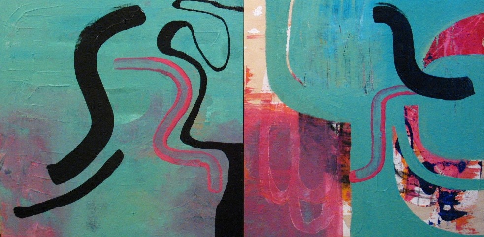 Original Paintings Abstract Acrylic Mixed Media Art Diptych by Aisyah Ang Size 20x40 inches