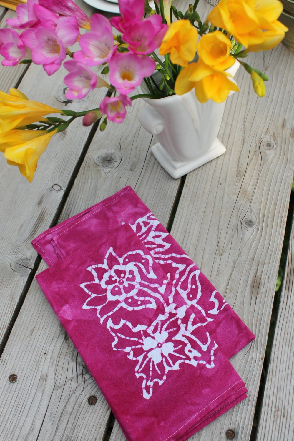 pair of magenta batik dinner napkins