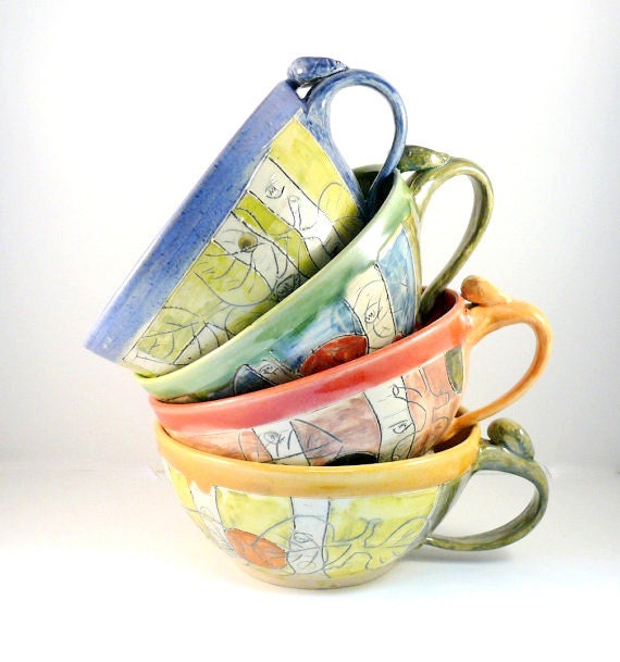 Four artistic ceramic soup mugs with handles SHIPS TODAY cappucino latte cups - handled soup bowls carved design Graduate Gift