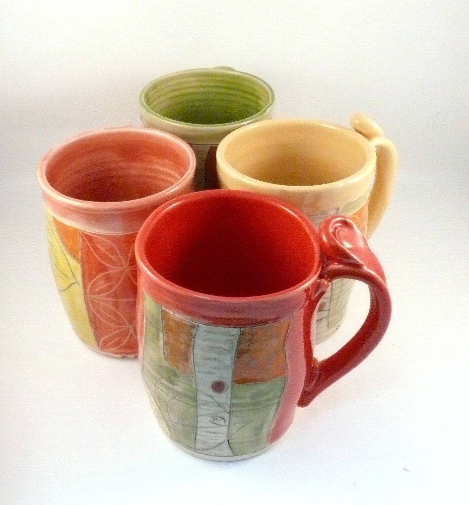 Four coffee mugs set - artistic carved and glazed ceramic mugs 16-20 ounce coffee cups handmade pottery /  IN STOCK - woodland forest