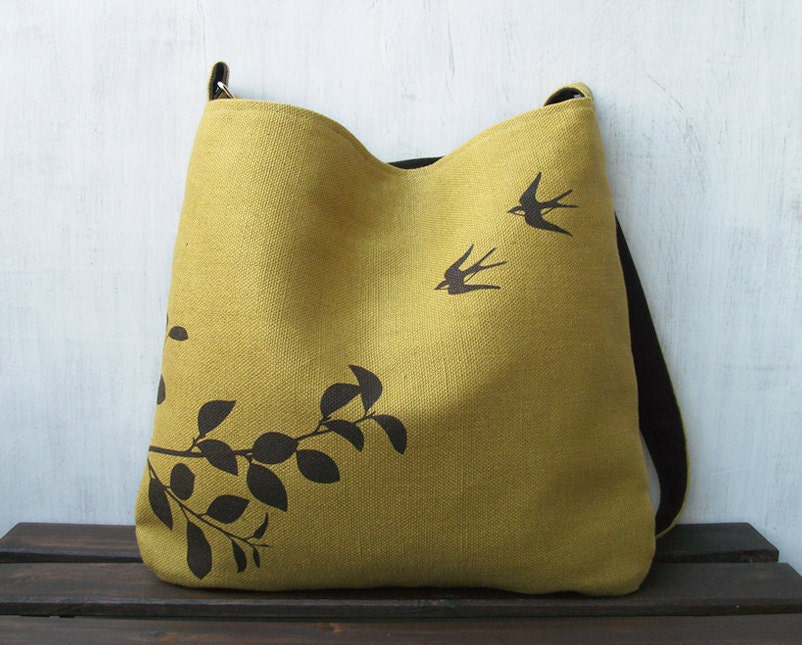 Eco-friendly Hemp Messenger Bag with Flying Swallows - Organic Cotton Lining -  Honey Mustard