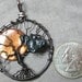 Bat Tree - Halloween Full Moon Tree of Life Pendant Copper (Orange) Pearl Coin Bead and Bat Charm in Gun Metal (Black) Wire Wrapping