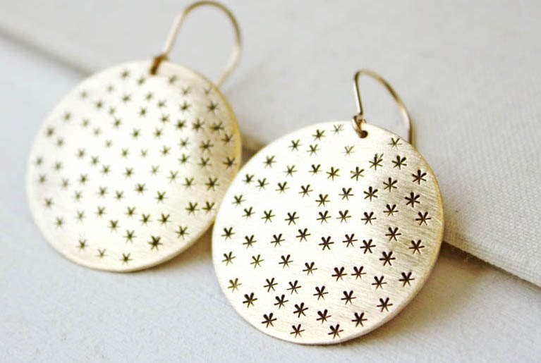 gold star earrings, statement earrings, brass earrings, round gold discs 14k gold fill minimal jewelry under 50