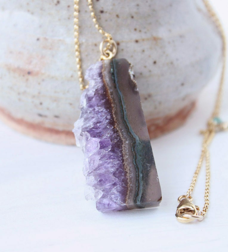 amethyst druzy pendant necklace, natural rough slice, purple, gold fill, statement boho