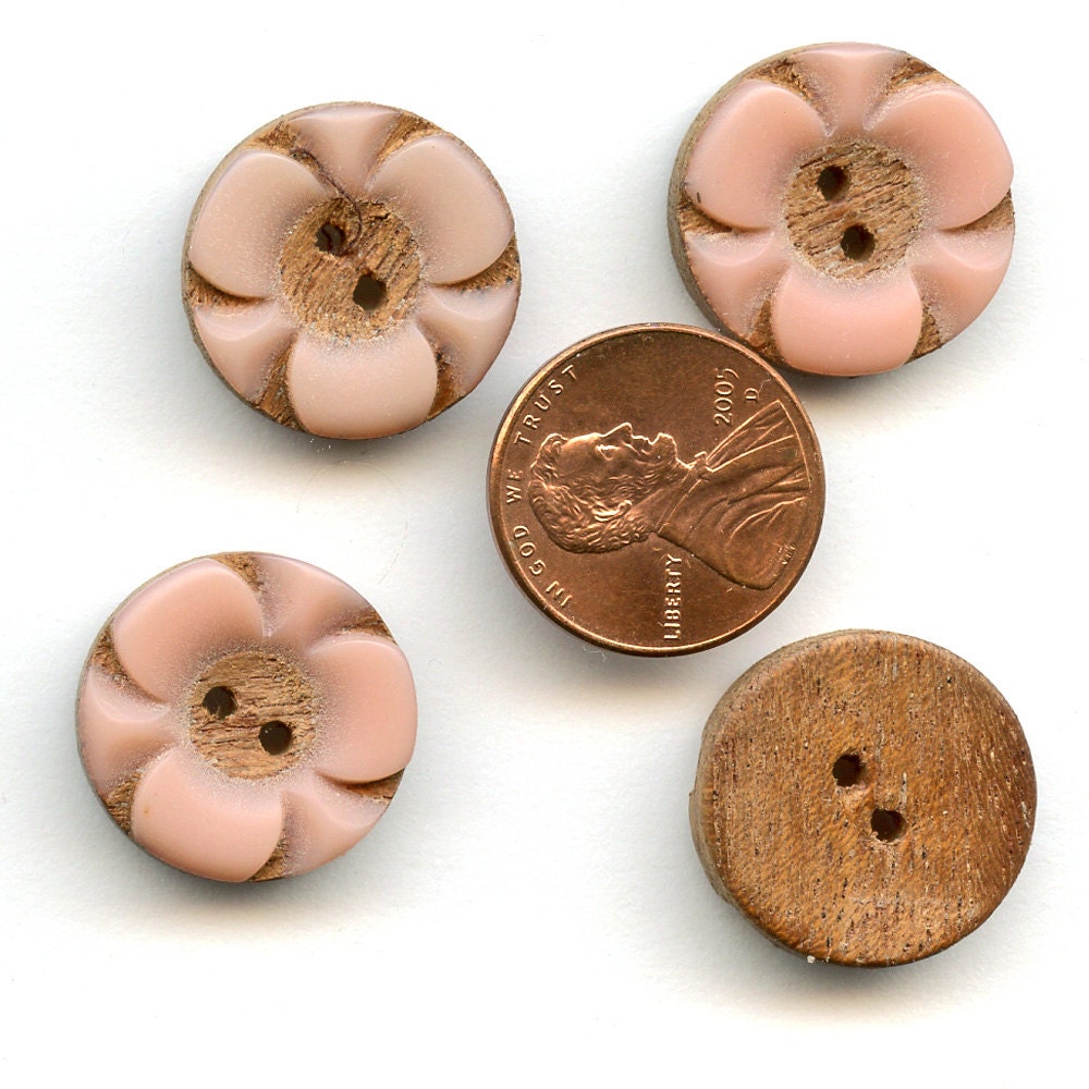 1930s Art Deco ButtonsSet of 4 Vintage Pink ROSE Casein and WOOD 3/4 inch size 8158 from FRANCE qz