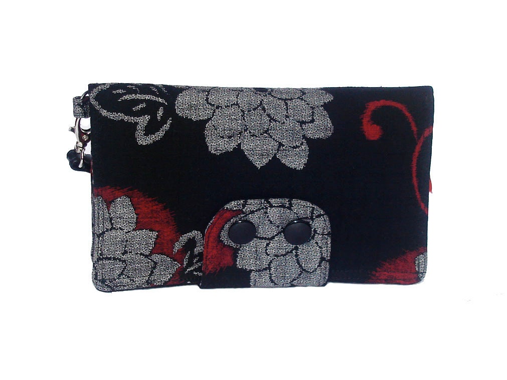 Black Floral Smartphone iphone 5 wallet - travel organizer - clutch - Chrysanthemum  id wallet  - Passport case - leather/vegan wristlet