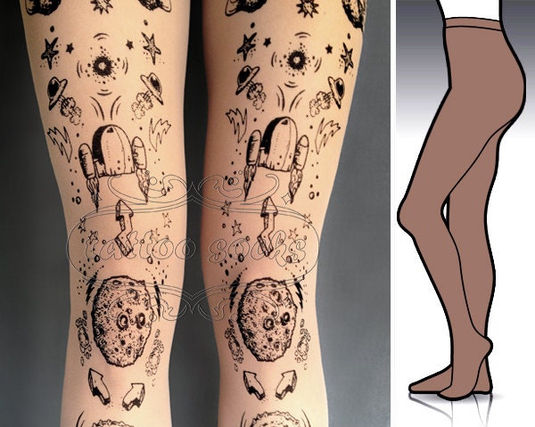 S/M Lost in Space tattoo tights / stockings /  full length  / pantyhose / nylons Deep Mocha