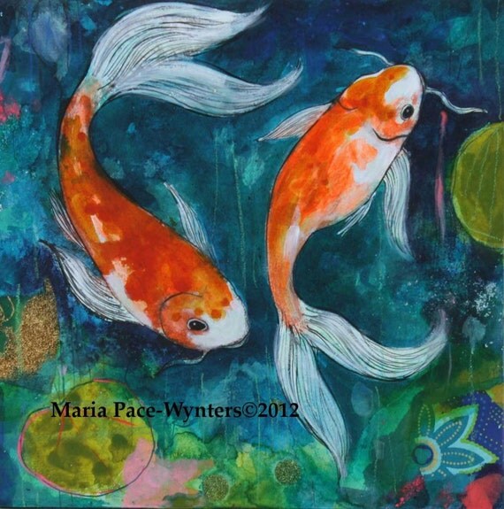 Two Koi Pond Original mixed media painting by Maria Pace-Wynters