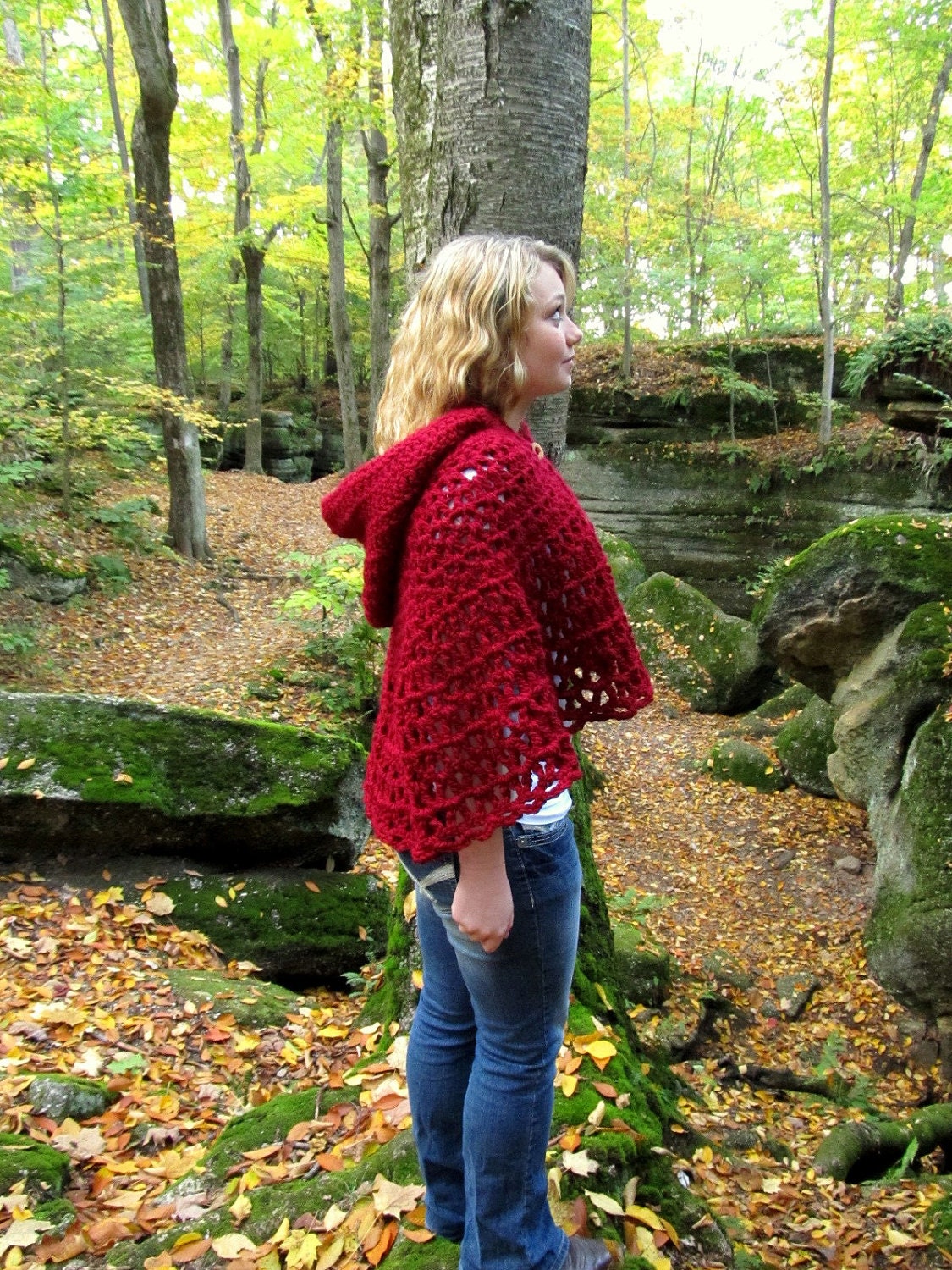 Red Hooded Cape Capelet Shawl