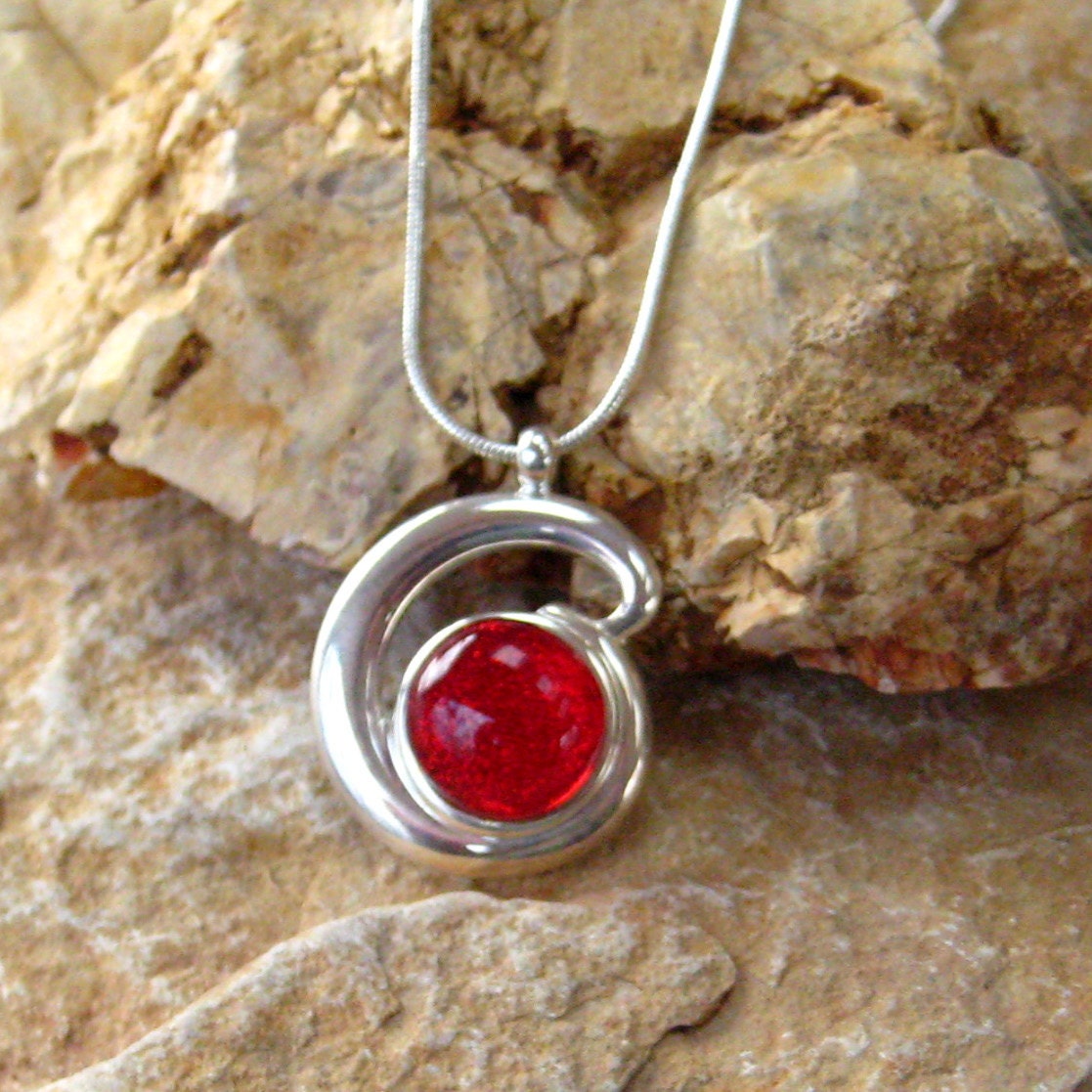Small Fused Glass Pendant, Dichroic Fused Glass Pendant   -  Ruby Red in a Silver Setting
