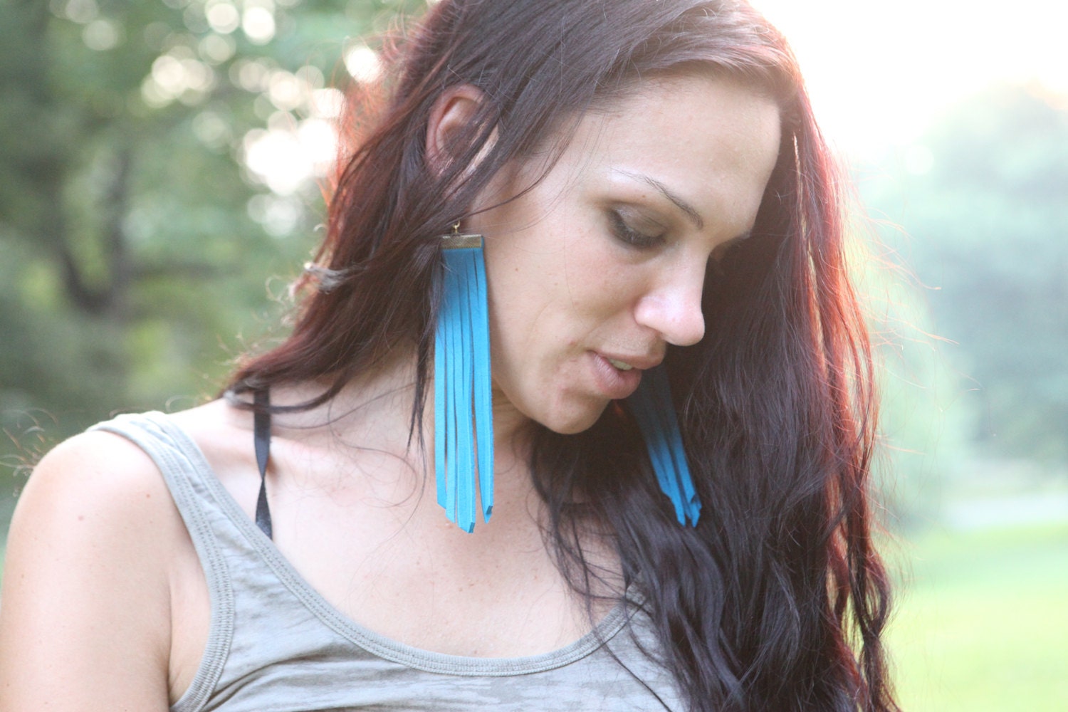 long turquoise blue - tropical ocean - shoulder skimming leather fringe earrings