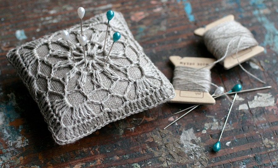 Linen  pincushion - crochet motif