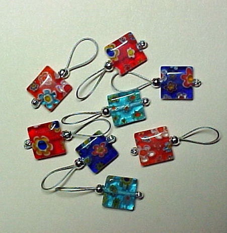 Stitch Markers - 2 Each Red, Blue, Turquoise and Orange Millefiori Beads - US 10 - Item No. 535