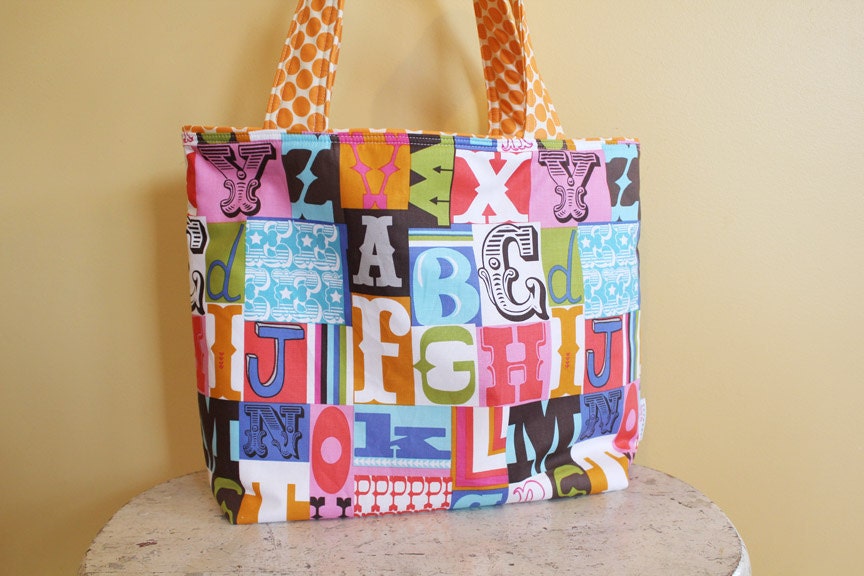 TOTE Bag by PETUNIAS Reversible type alphabet  - tote bag purse market tote laptop gym sack gift baby shower nappy everyday ready to ship