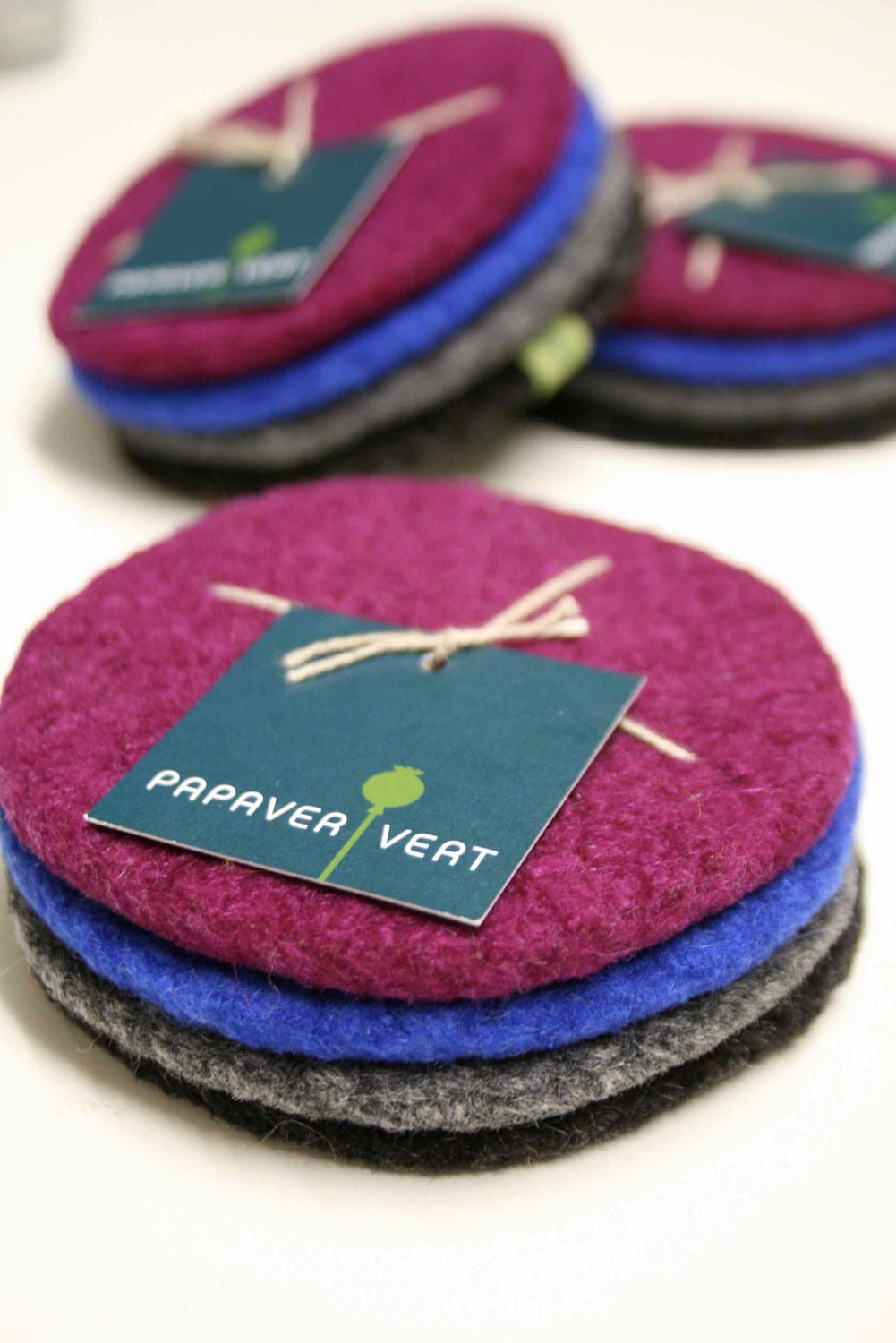 Set of 4 Coasters - Felted Wool - Fuchsia, Bright Blue, Med.Grey, Charcoal