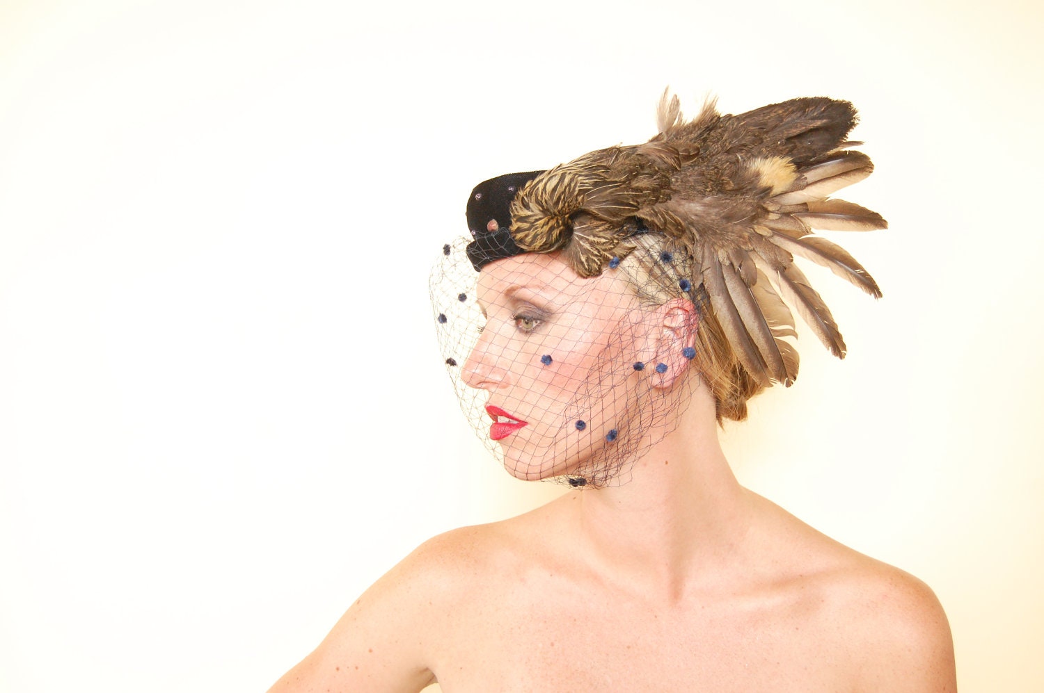 The Marie: Velvet studded Halo with Taxidermy Wing and veil.