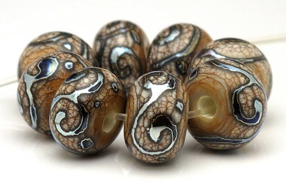 Handmade Lampwork Bead Set Organic Ivory and Metallic Scrolls SRA